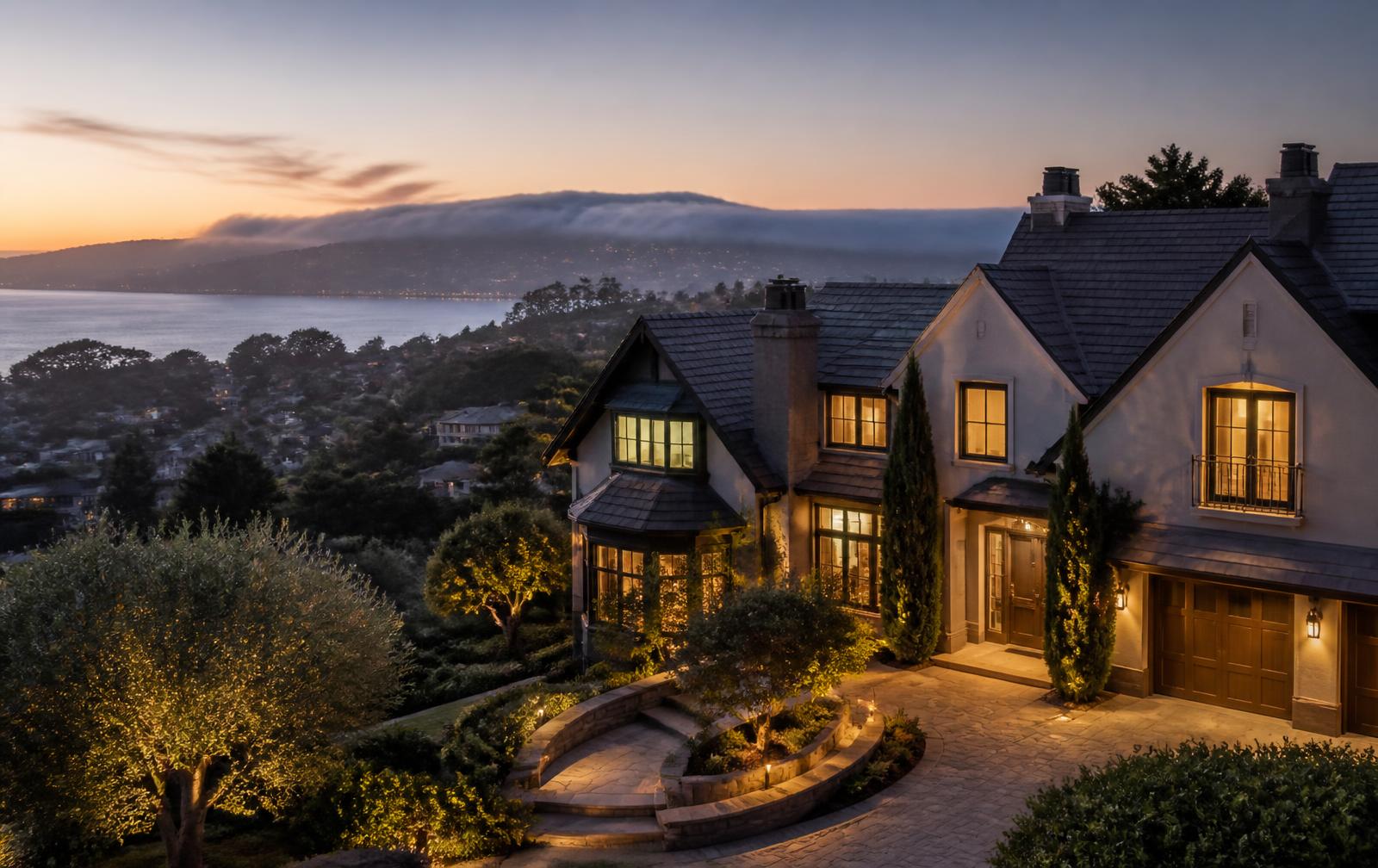 Bay Area home at dusk with warm interior lighting